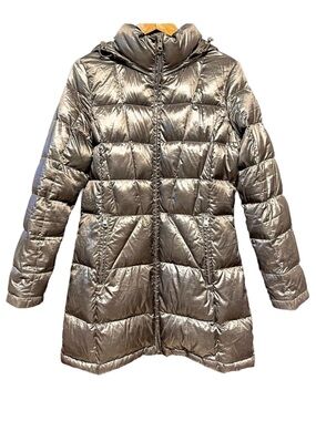 ANDREW MARC Metallic Silver Down Puffer Hooded Winter Coat